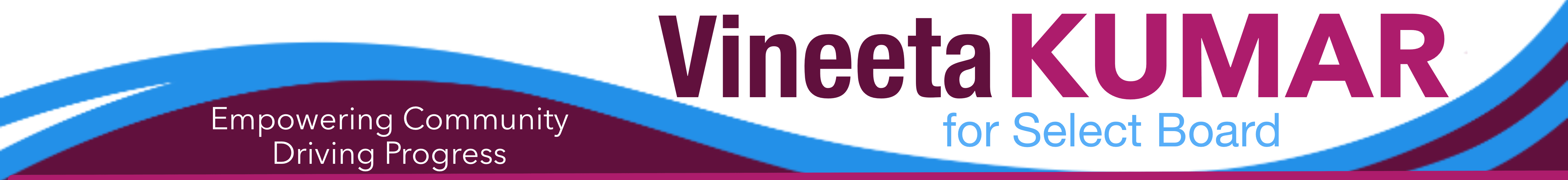 Vineeta Kumar, Select Board 2025, logo with plum and creme background, and blue swoosh